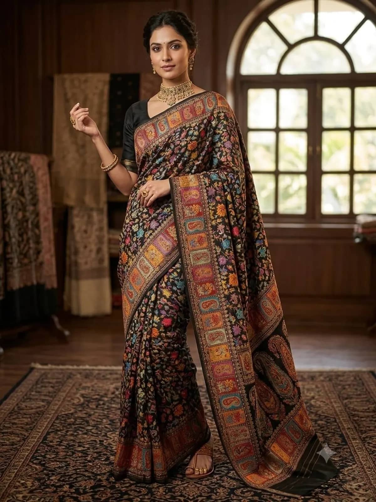 Black Kani Saree — Ivory and rust boteh on a black ground