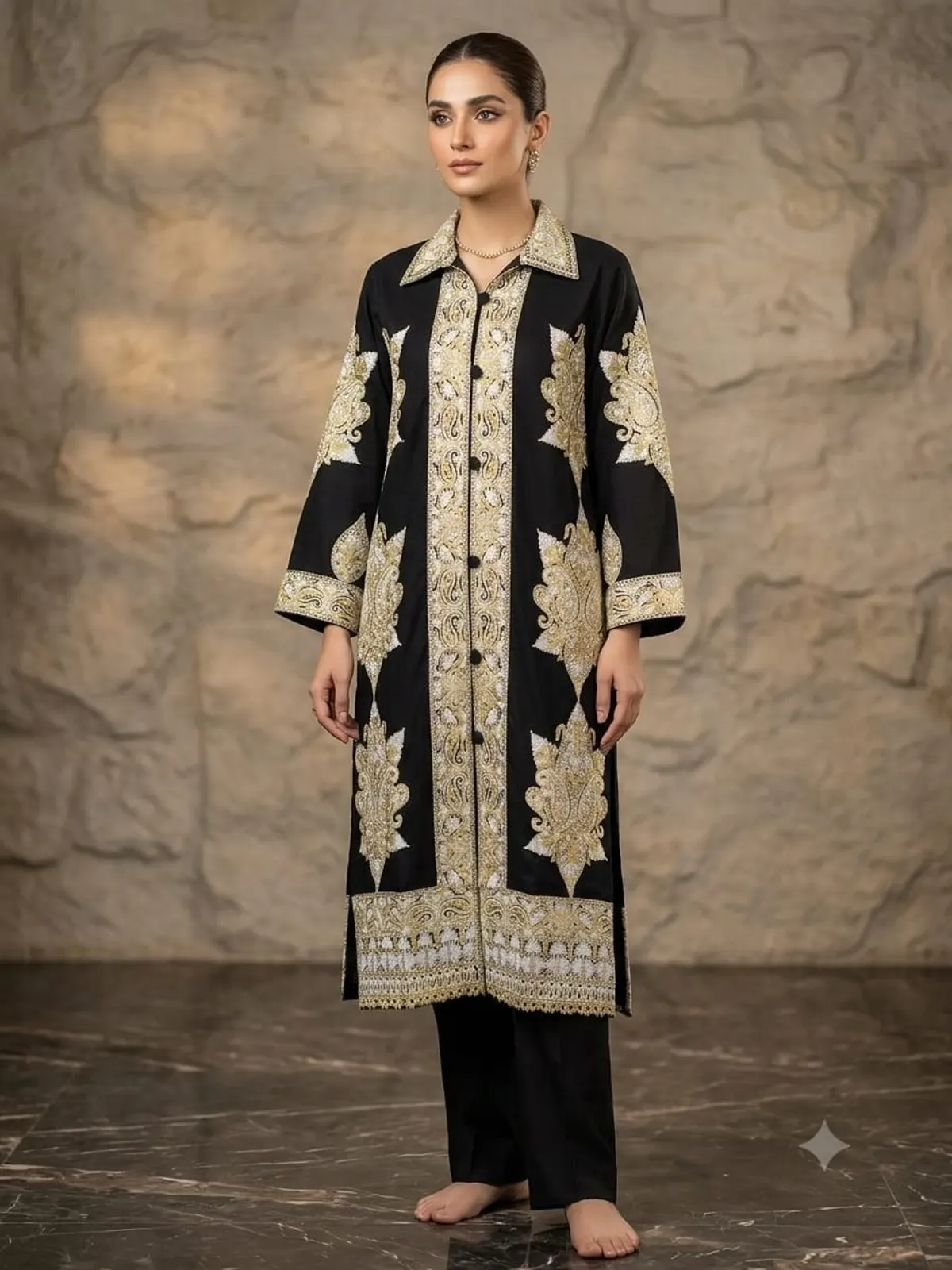 Black Tilla Kurta — Gold metal thread on black