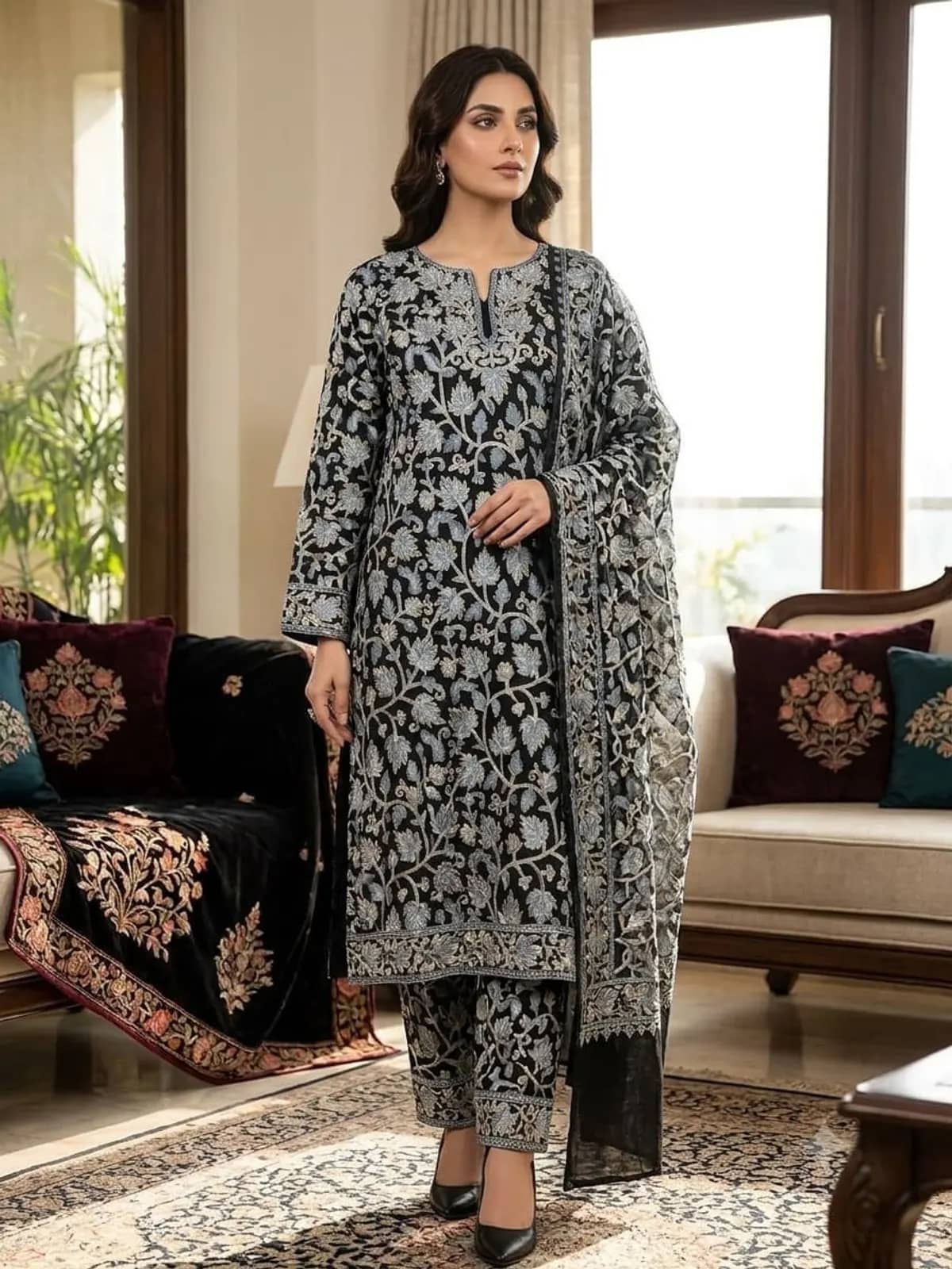 Charcoal Sozni Suit Set — Pale floss silk floral on black