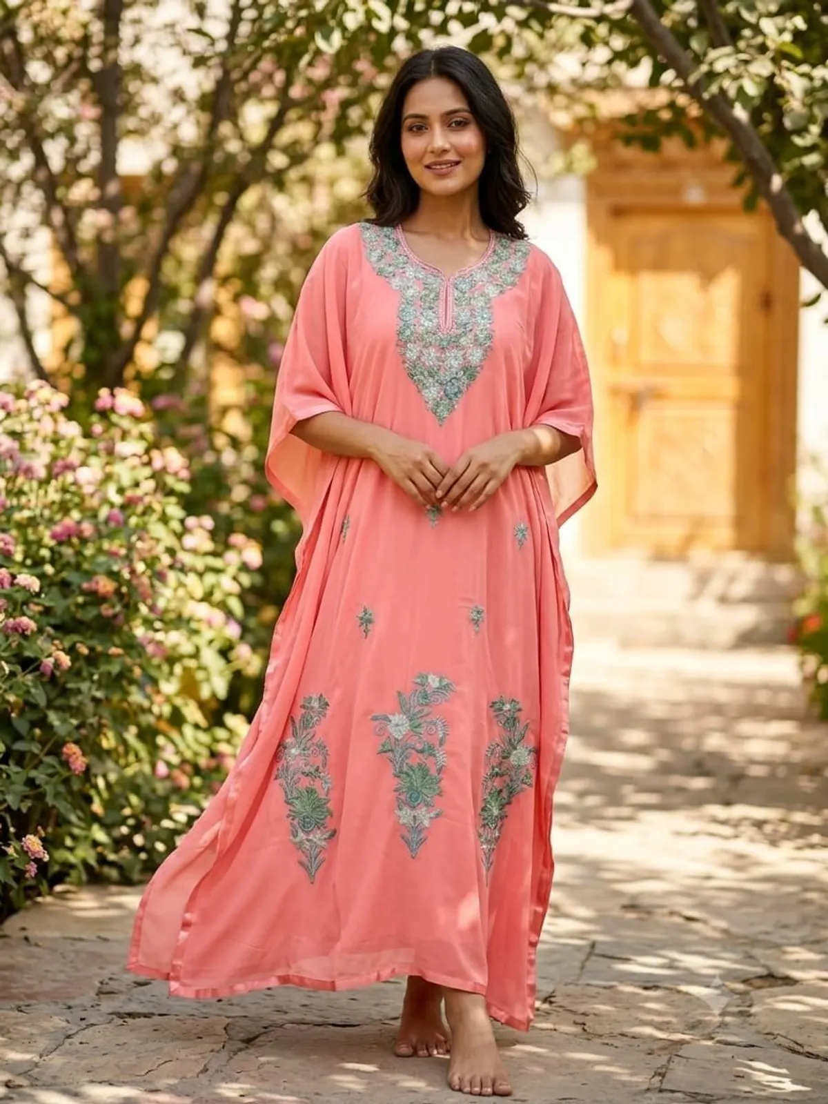 Coral Kaftan — Green floral sprays on coral