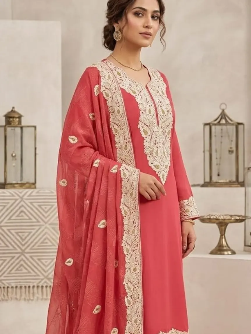 Coral Suit Set — Coral with a worked dupatta