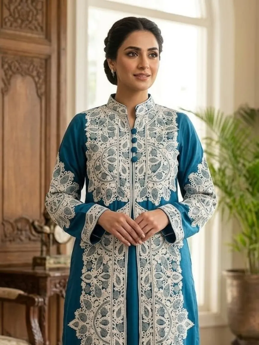 Deep Teal Aari Suit Set — White chain stitch on deep teal