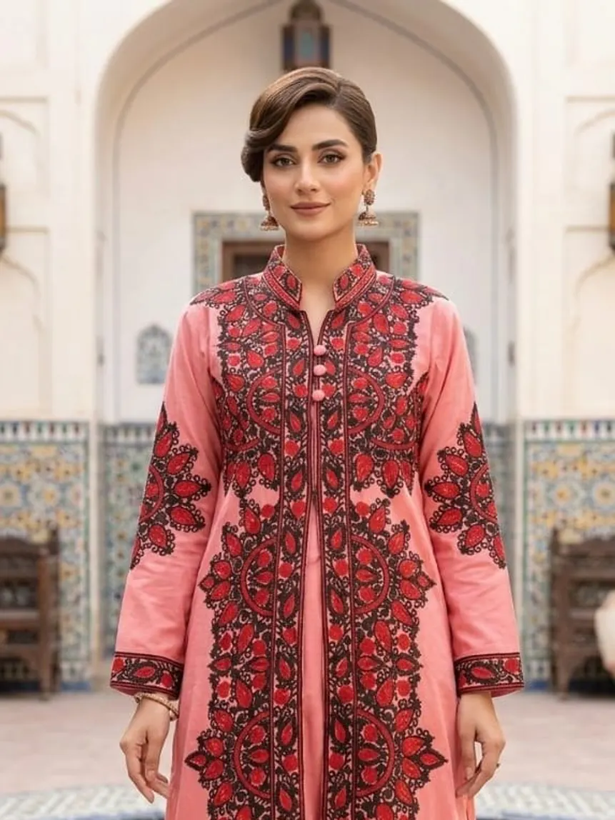 Garnet Aari Suit Set — Contrast floral chain stitch on garnet
