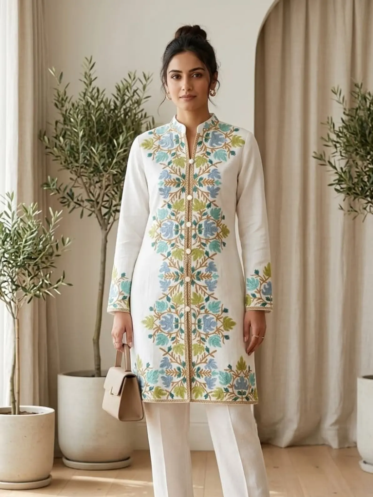 Ivory Aari Kurti Set — Pastel chain stitch on ivory