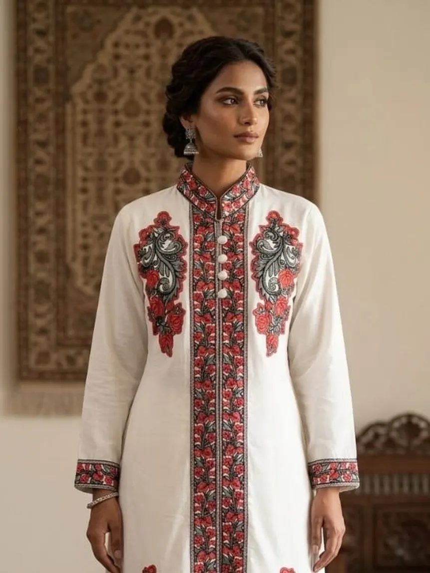 Ivory Aari Suit Set — Red and green chain stitch on ivory