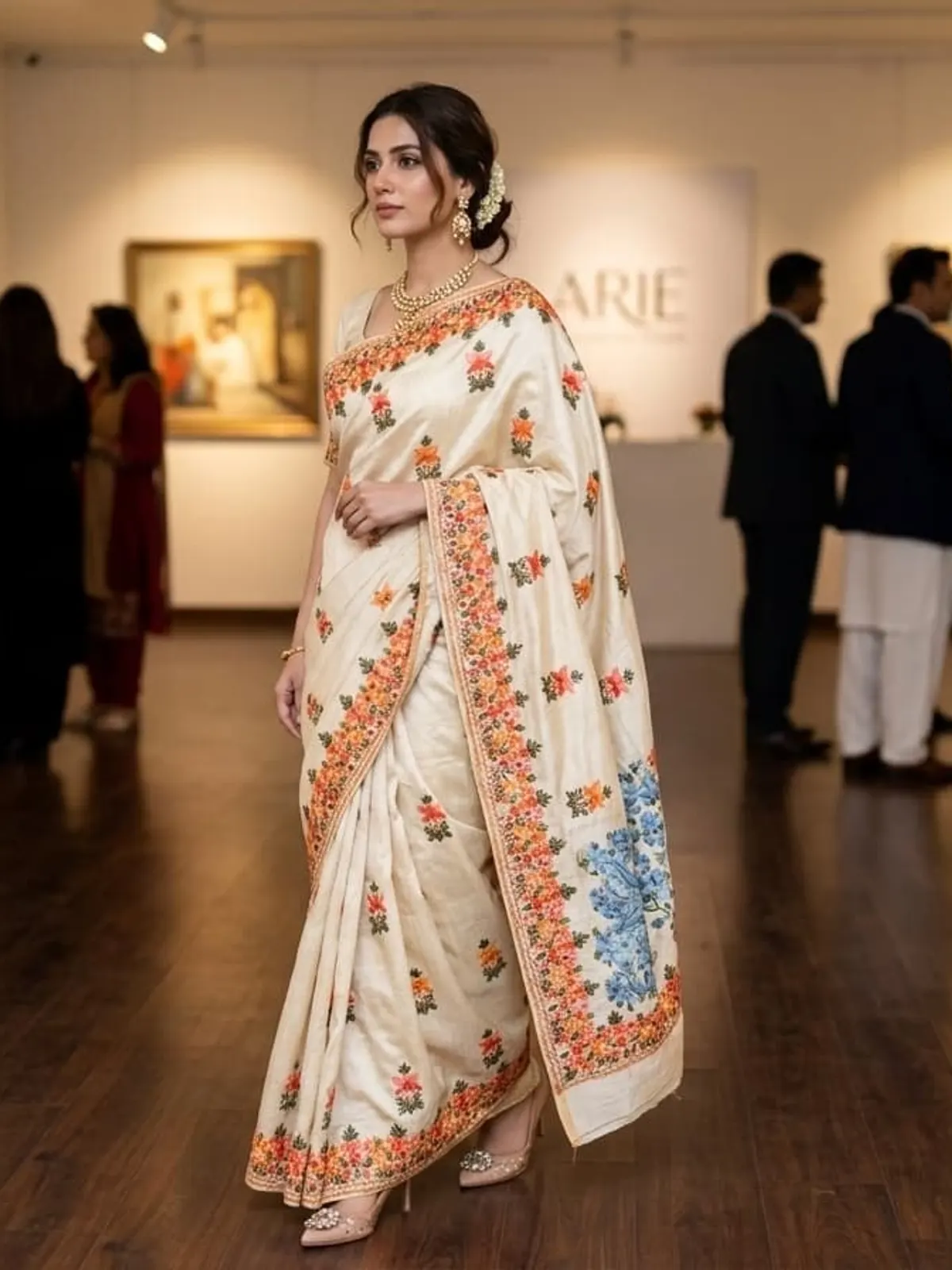 Ivory Floral Saree — Fine floral field on ivory