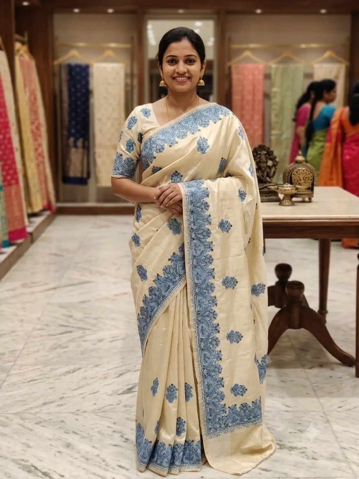 Ivory Sozni Saree — Blue paisley on undyed silk