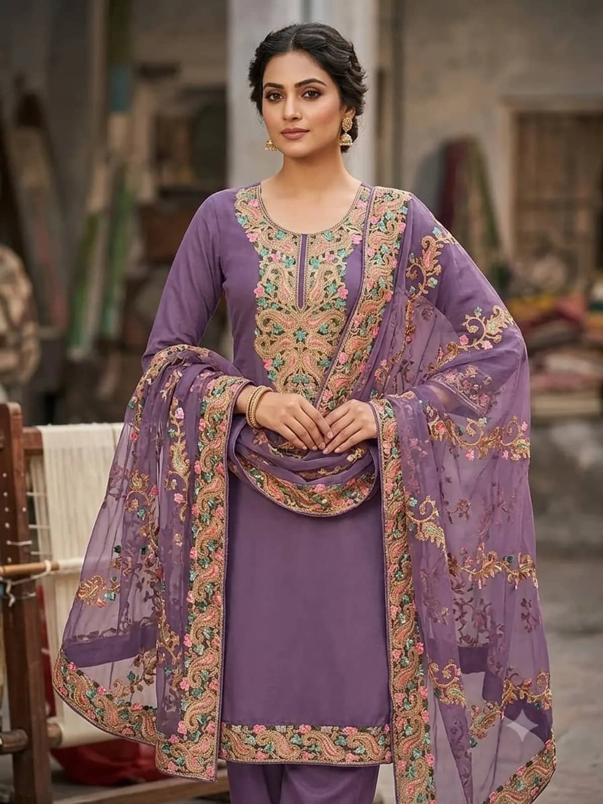 Lavender Suit Set — Paisley yoke with a net dupatta