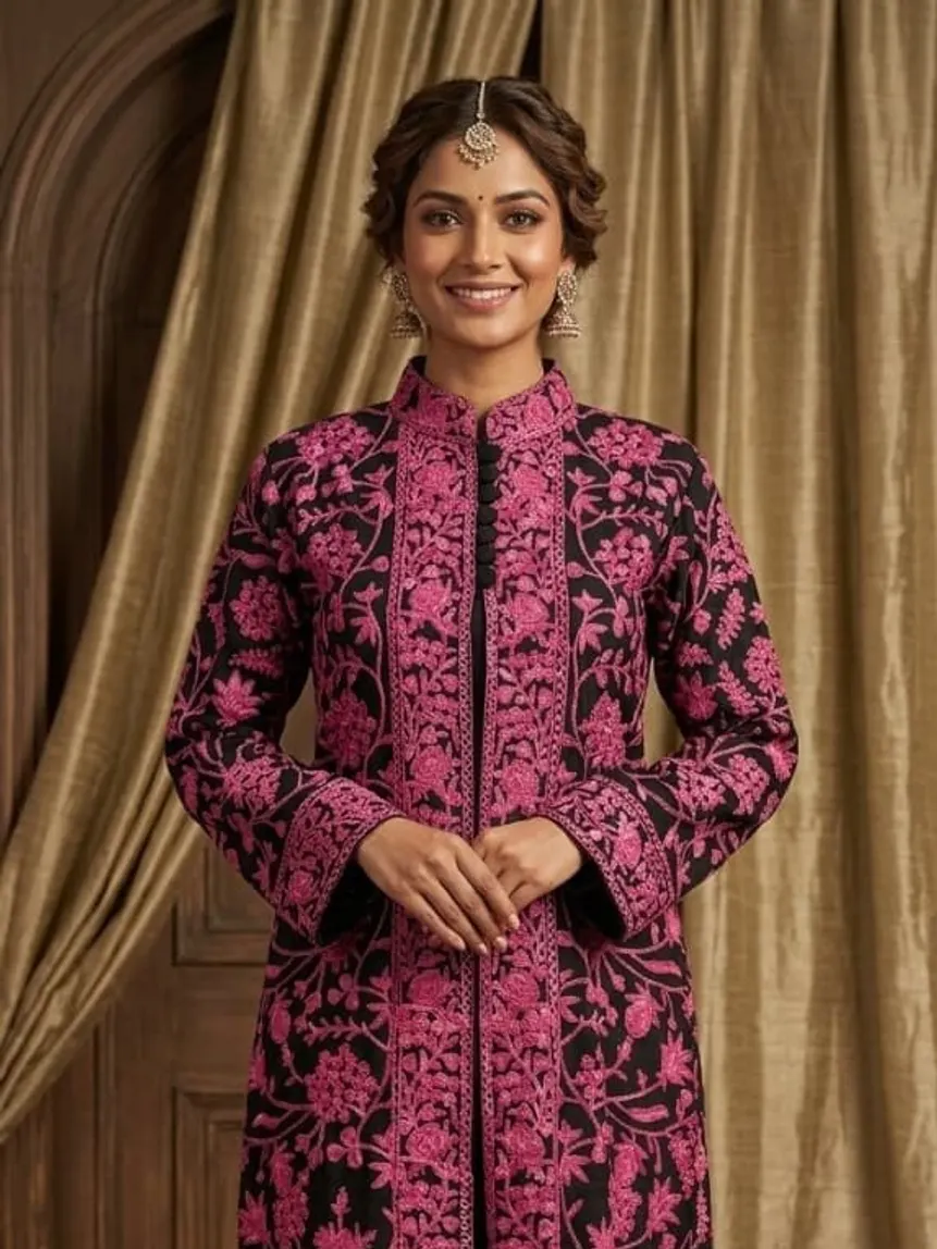 Magenta Aari Jacket — Contrast floral chain stitch on magenta