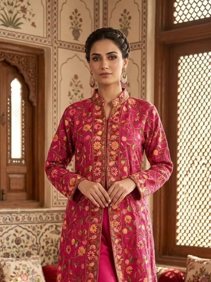 Magenta Aari Suit Set — Tonal chain stitch on magenta