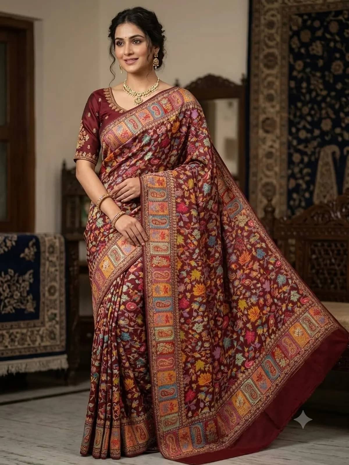 Maroon Kani Saree — Deep maroon with a dense paisley border
