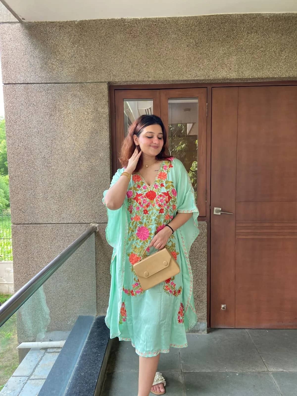 Mint Aari Kaftan — Chain stitch on mint green