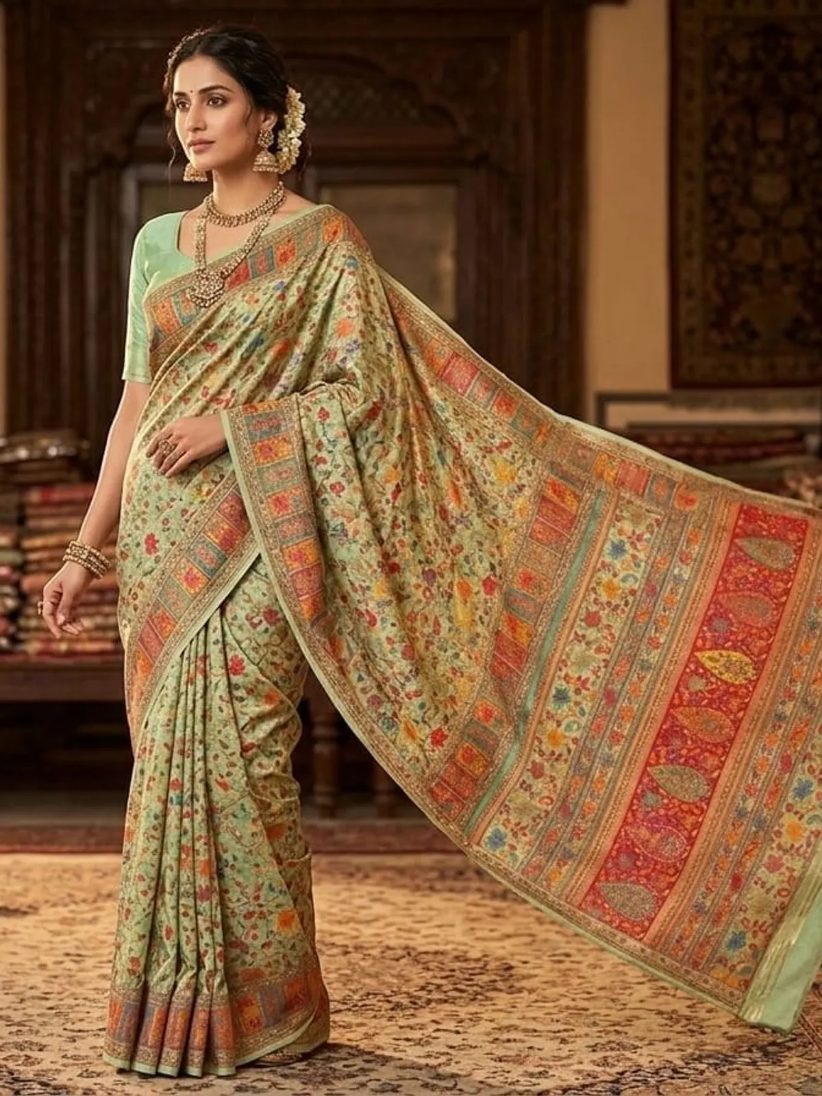 Mint Kani Saree — Soft green ground with a wide woven palla