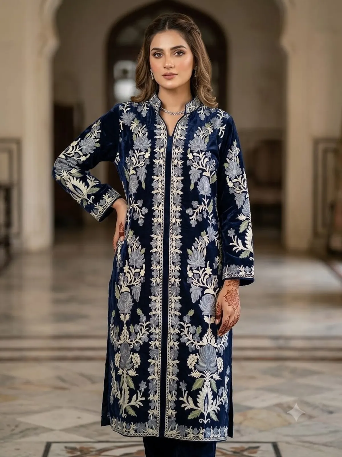 Navy Aari Jacket — Dense floral chain stitch on navy