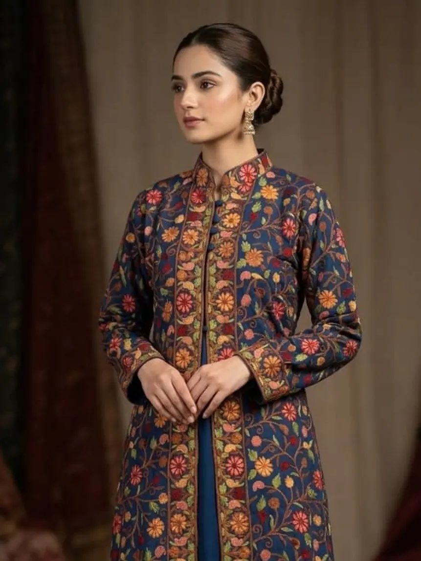 Navy Floral Aari Jacket — Orange and green floral vine on navy
