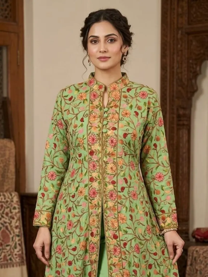 Pistachio Aari Jacket — Pink and orange floral vine on pistachio