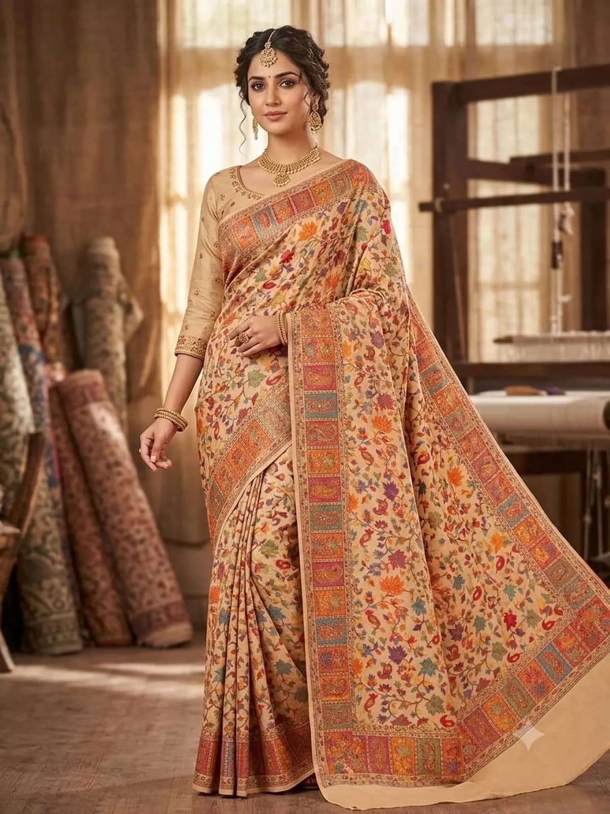 Sand Kani Saree — Multicolour boteh field on warm sand