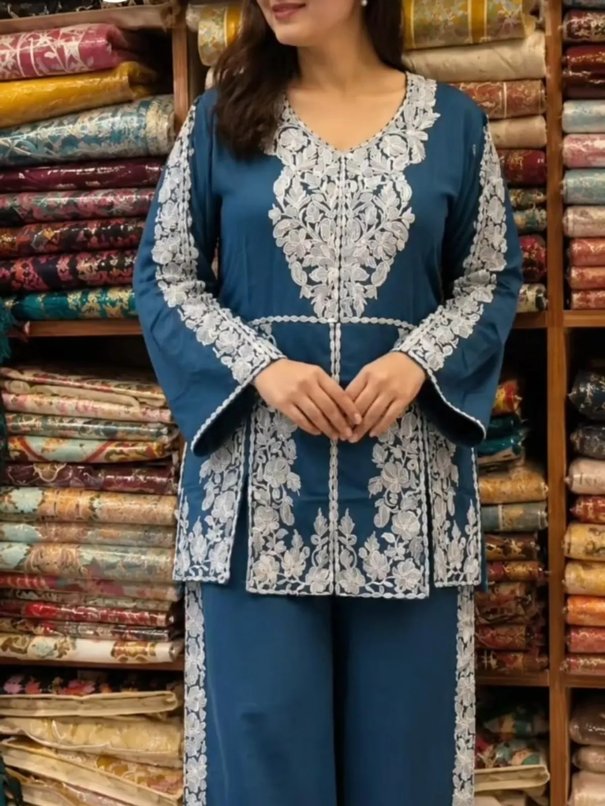 Teal Aari Co-ord Set — White chain stitch on teal