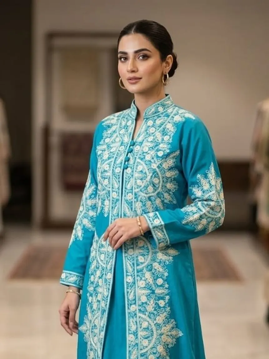 Turquoise Aari Suit Set — White chain stitch on turquoise