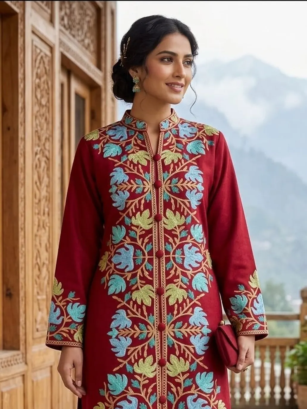 Crimson Aari Kurta — Blue and green chinar work on crimson
